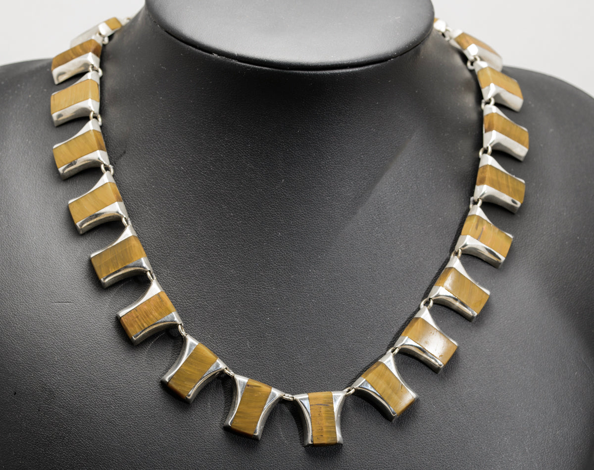 Vintage Mexican Sterling Silver & Tigers Eye Panels Necklace c.1980 (A1628)