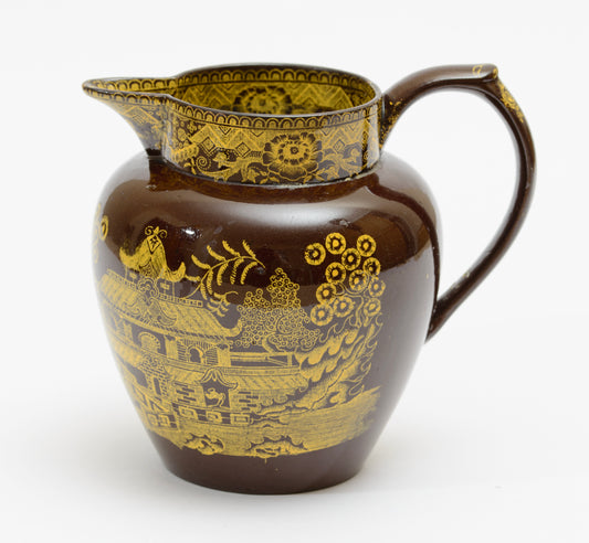 Antique Staffordshire Brown Glazed Jug Yellow Printed Chinoiserie Georgian c1810 (3196)