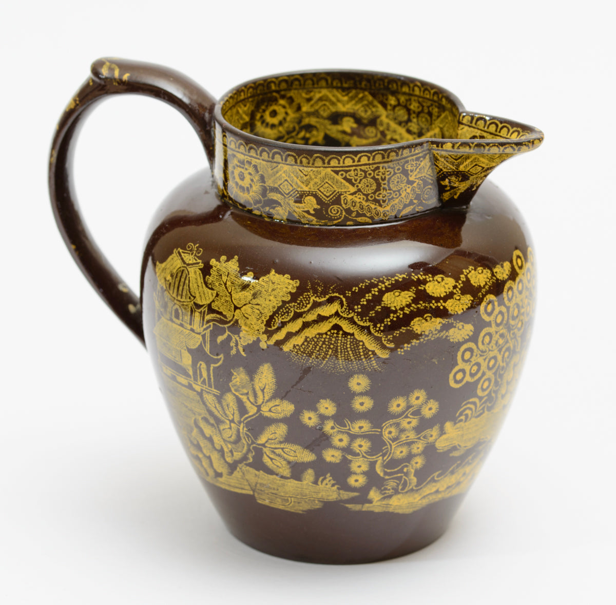 Antique Staffordshire Brown Glazed Jug Yellow Printed Chinoiserie Georgian c1810 (3196)