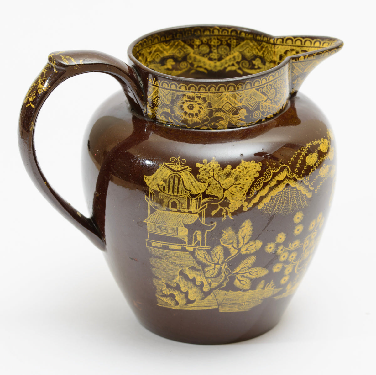 Antique Staffordshire Brown Glazed Jug Yellow Printed Chinoiserie Georgian c1810 (3196)