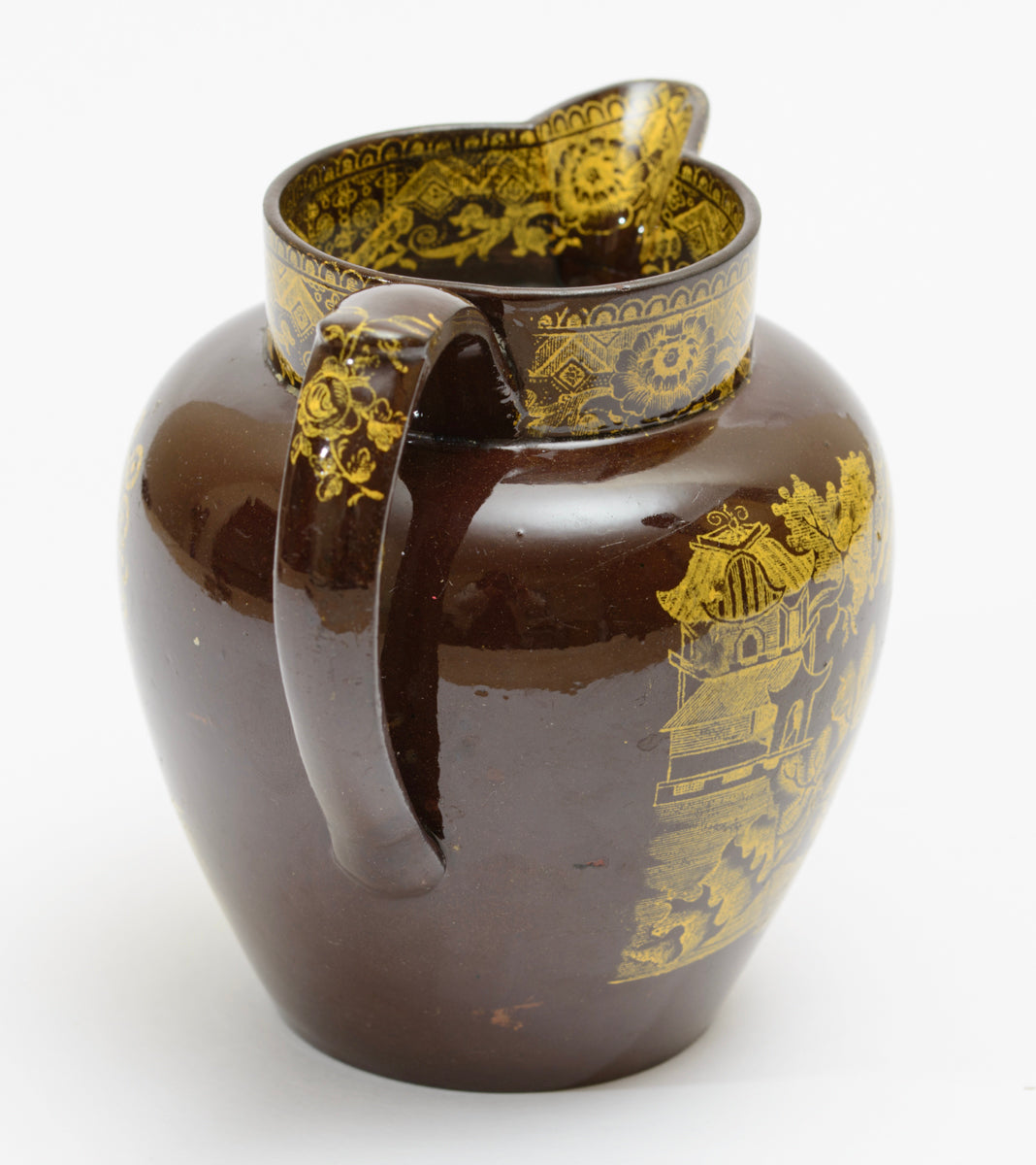 Antique Staffordshire Brown Glazed Jug Yellow Printed Chinoiserie Georgian c1810 (3196)