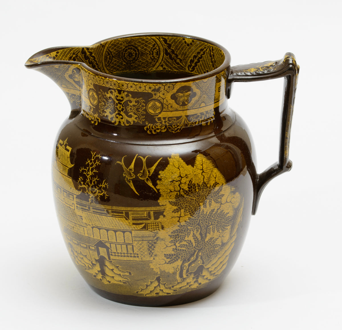 Antique Staffordshire Brown Glazed Jug Yellow Printed Chinoiserie Georgian c1810 (3199)