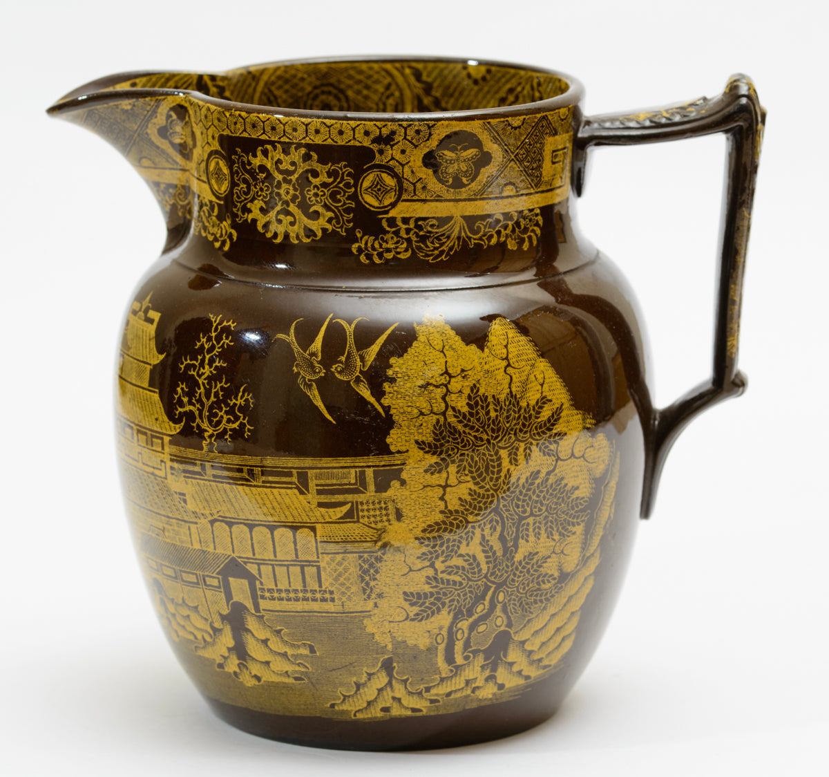 Antique Staffordshire Brown Glazed Jug Yellow Printed Chinoiserie Georgian c1810 (3199)