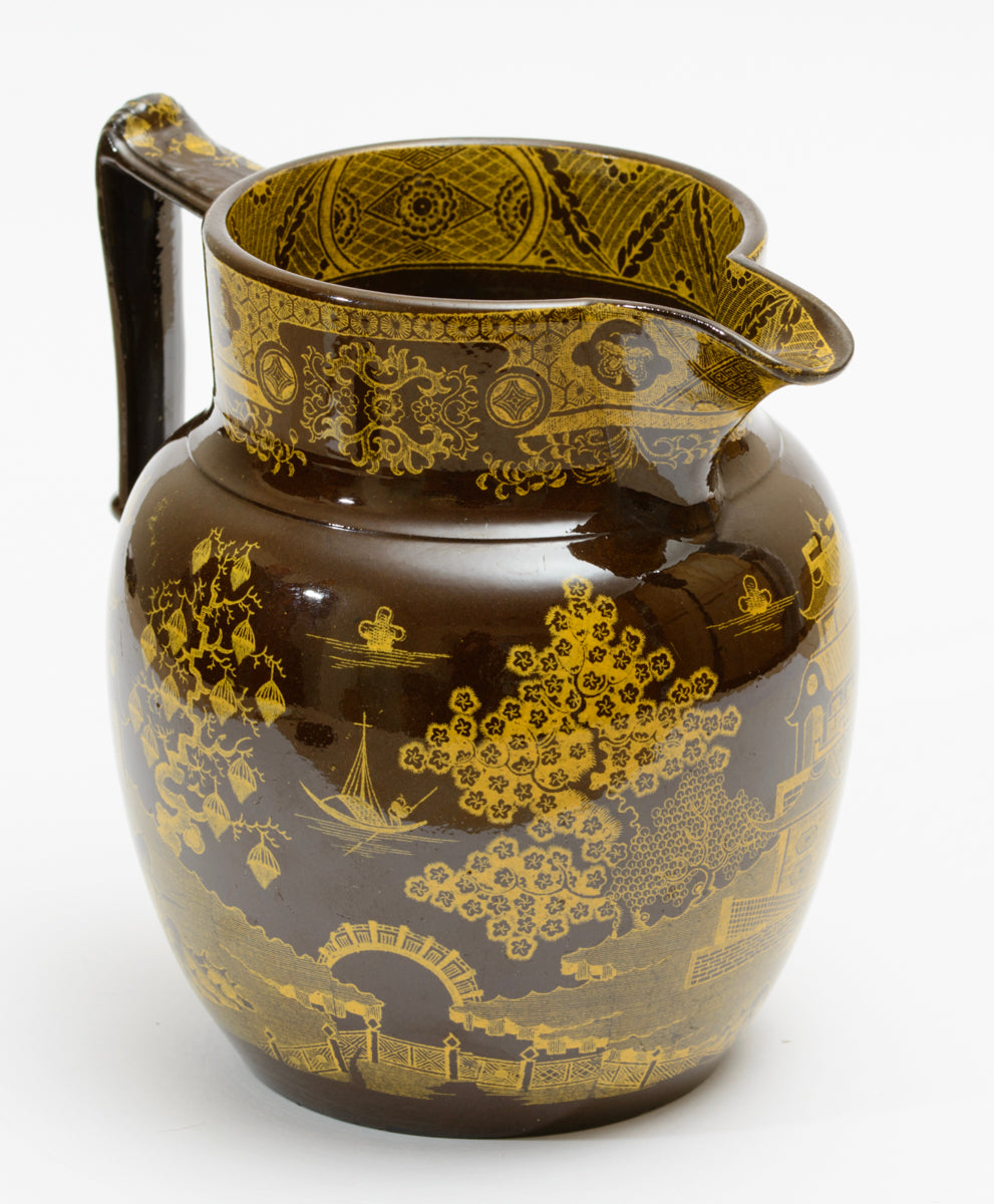 Antique Staffordshire Brown Glazed Jug Yellow Printed Chinoiserie Georgian c1810 (3199)