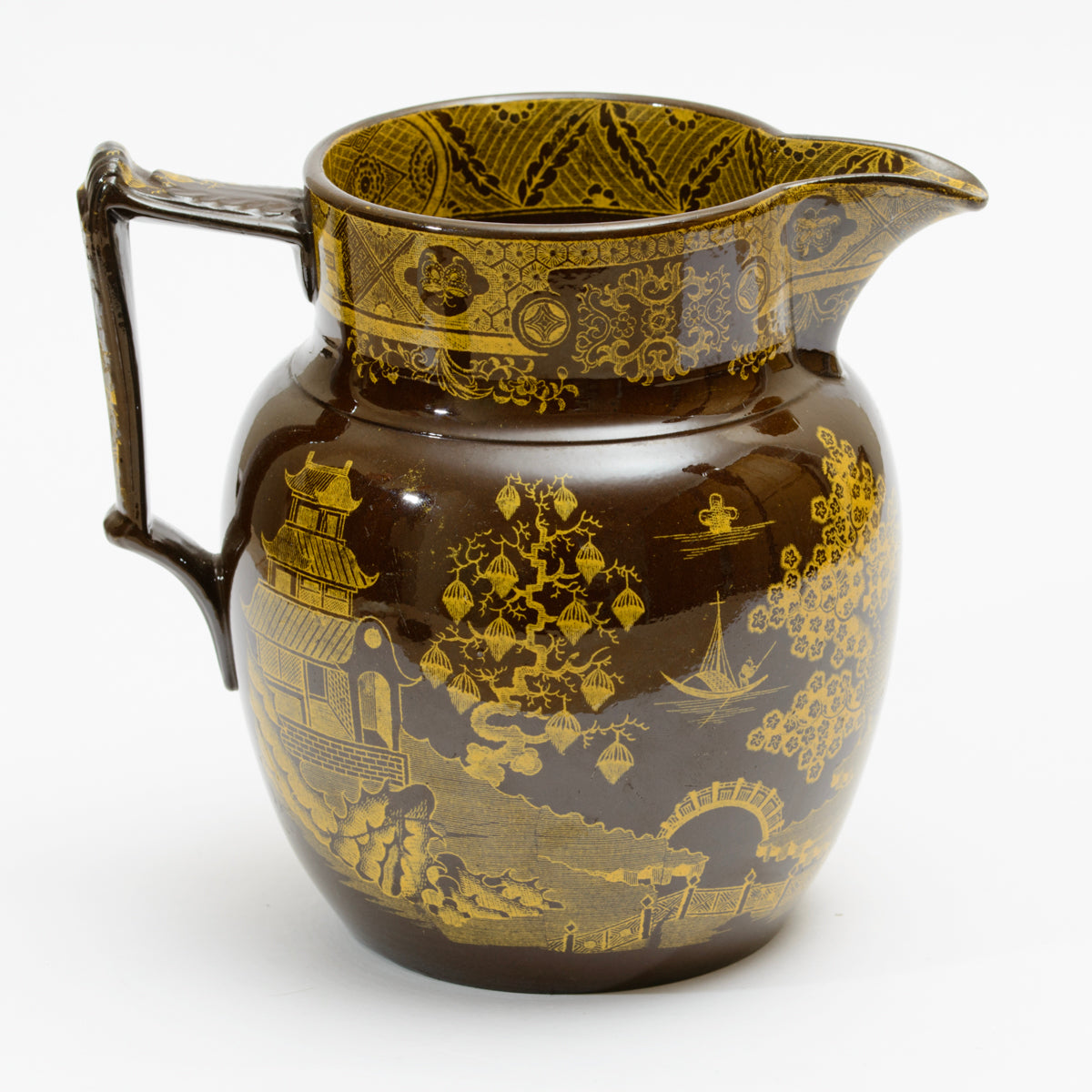 Antique Staffordshire Brown Glazed Jug Yellow Printed Chinoiserie Georgian c1810 (3199)