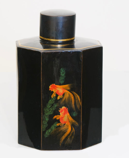 Antique Japanese Hand Painted Lacquer Tea Caddy With Goldfish (3221)