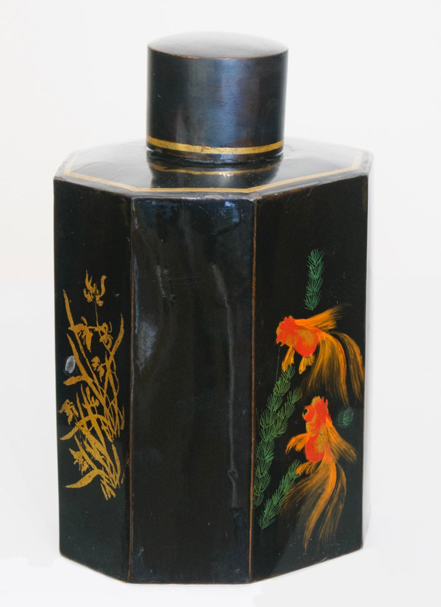 Antique Japanese Hand Painted Lacquer Tea Caddy With Goldfish (3221)