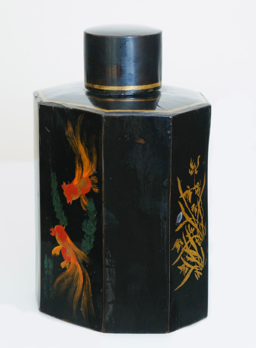 Antique Japanese Hand Painted Lacquer Tea Caddy With Goldfish (3221)