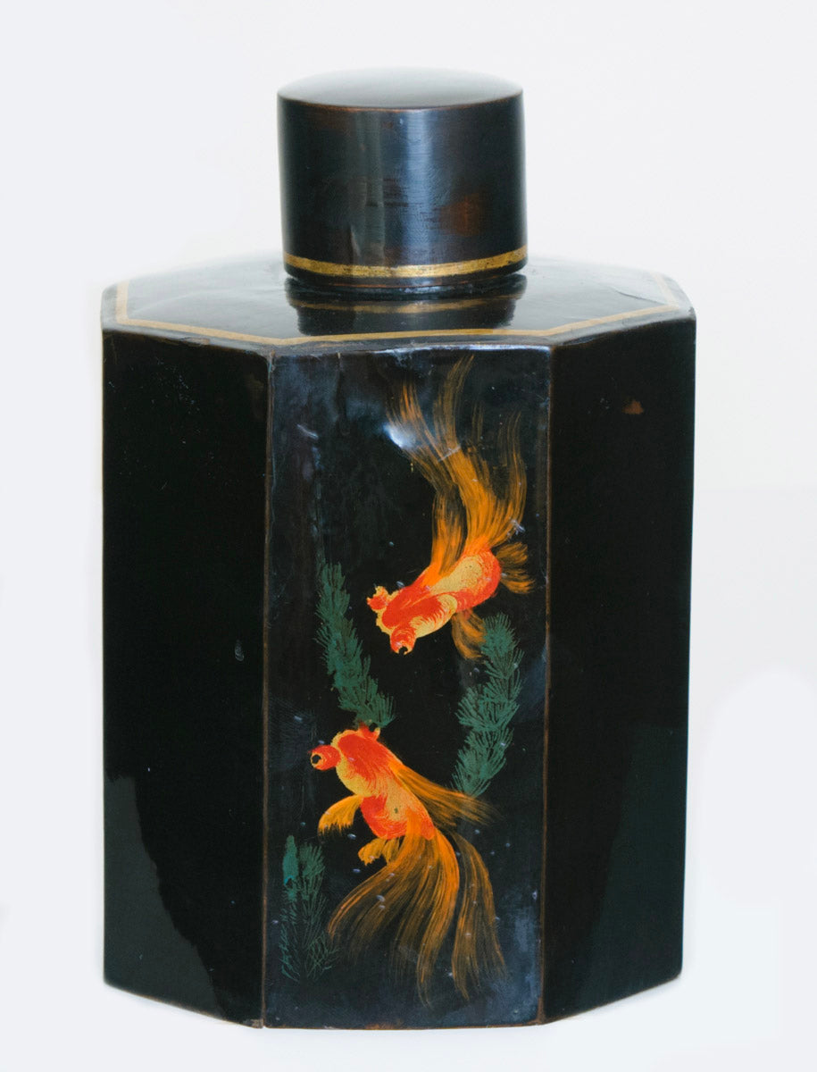 Antique Japanese Hand Painted Lacquer Tea Caddy With Goldfish (3221)