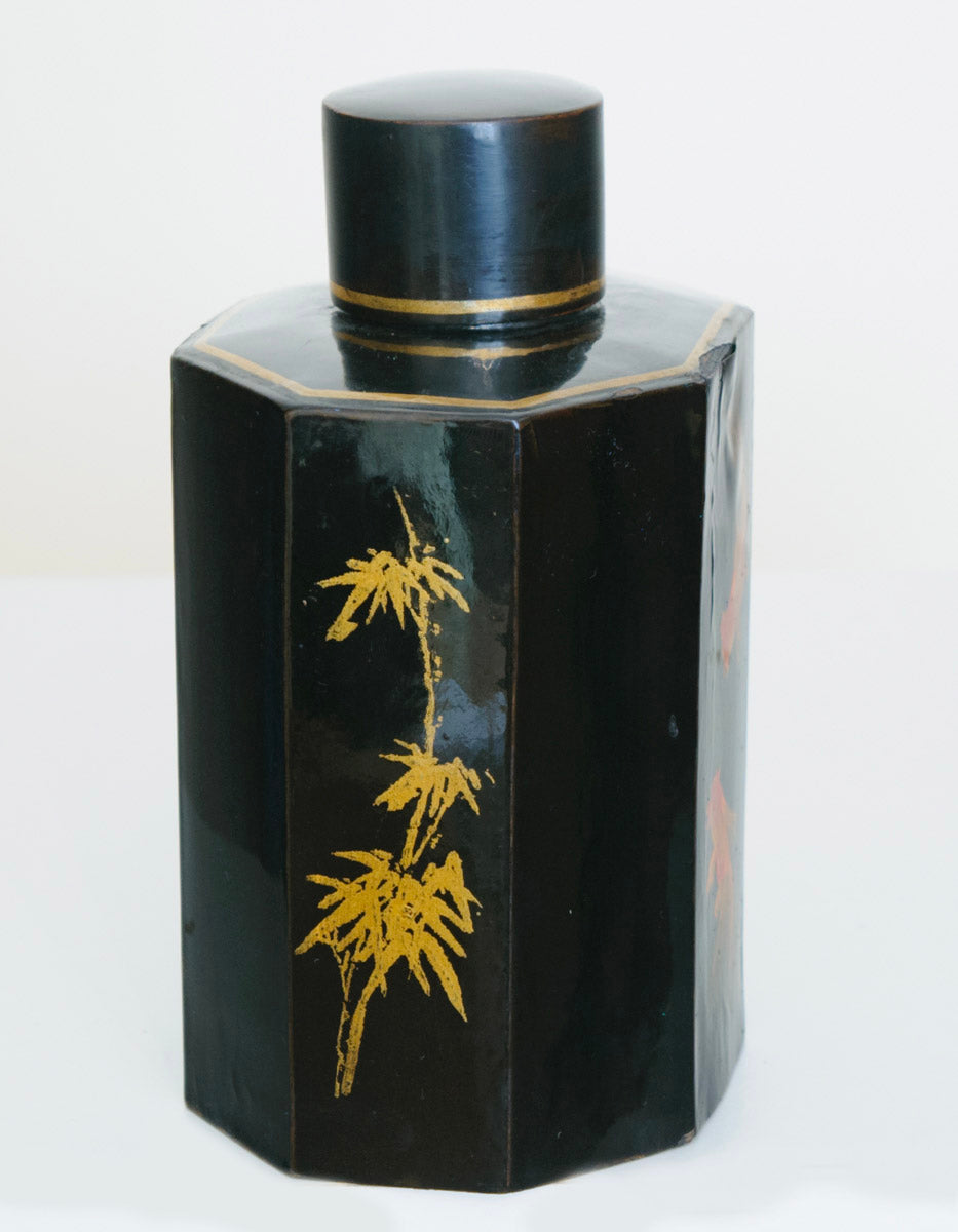 Antique Japanese Hand Painted Lacquer Tea Caddy With Goldfish (3221)