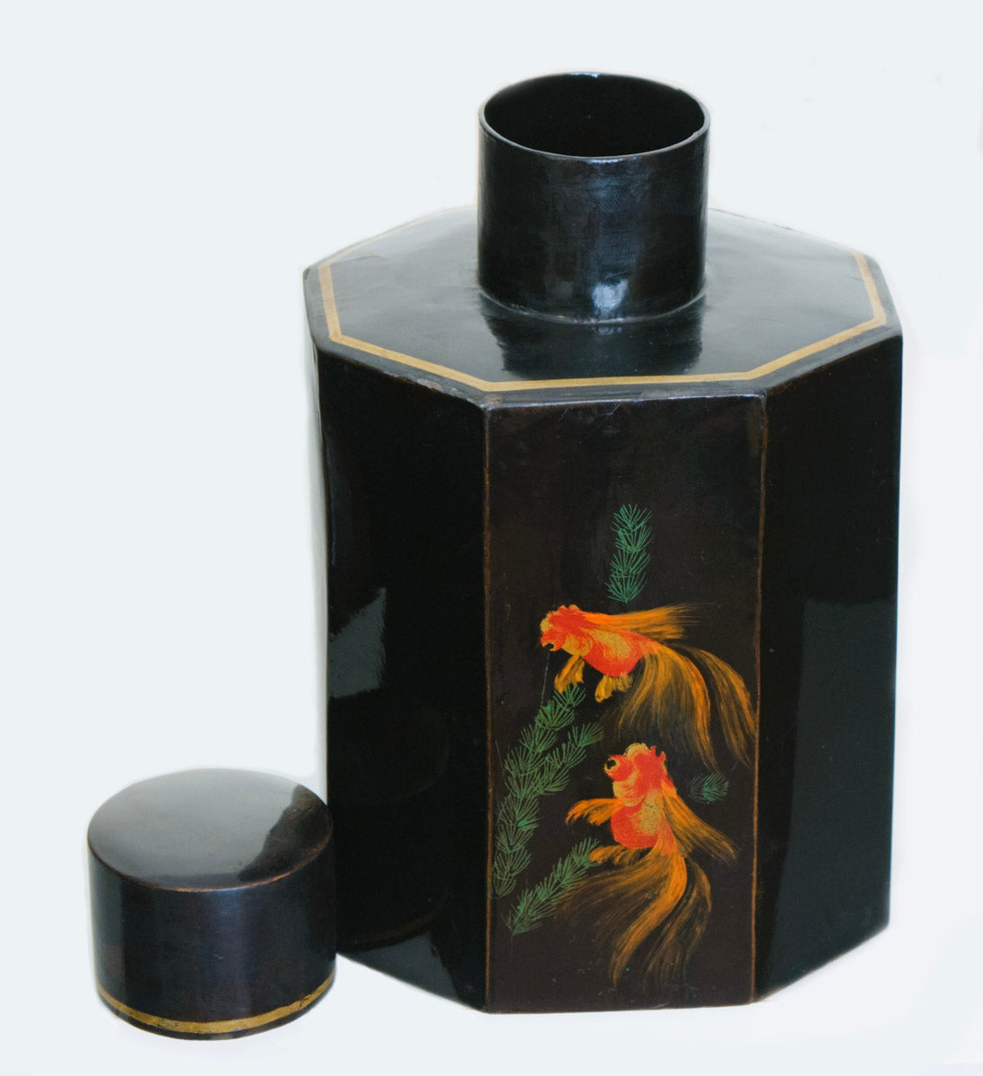 Antique Japanese Hand Painted Lacquer Tea Caddy With Goldfish (3221)