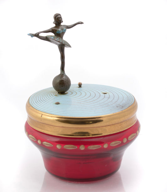 Vintage Czech Clockwork Musical Ballerina Red Glass Make Up Jar c.1950 (3222)