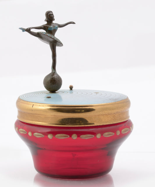 Vintage Czech Clockwork Musical Ballerina Red Glass Make Up Jar c.1950 (3222)