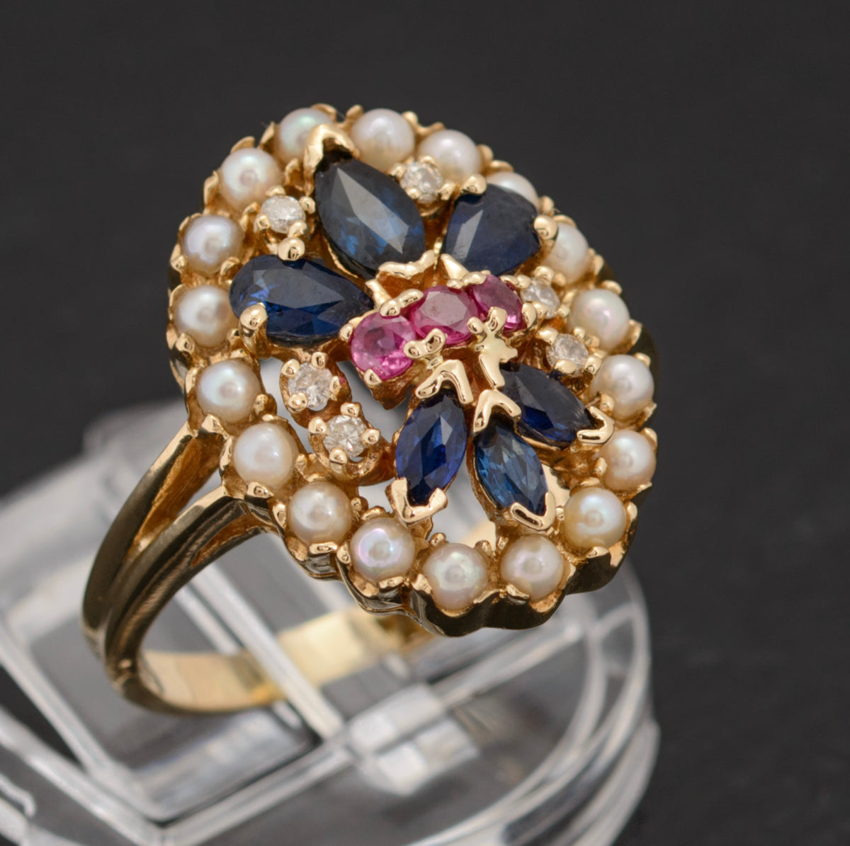 Vintage Franklin Mint 14K Gold Cocktail Ring Sapphire/Ruby/Diamond/Pearl (A1534)