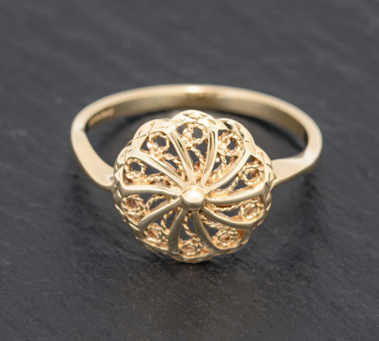 Vintage 9ct Gold Filigree Head Ring Stylish 1980's Design UK Size U (A1579)