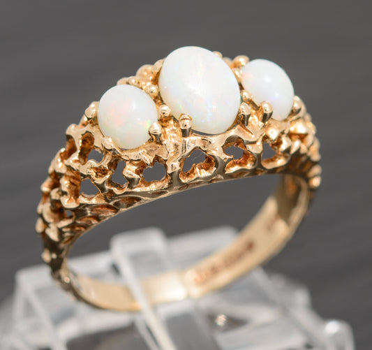 Vintage 9ct Gold Ring With 3 Precious White Natural Opal Cabochons 1970's (A1601)