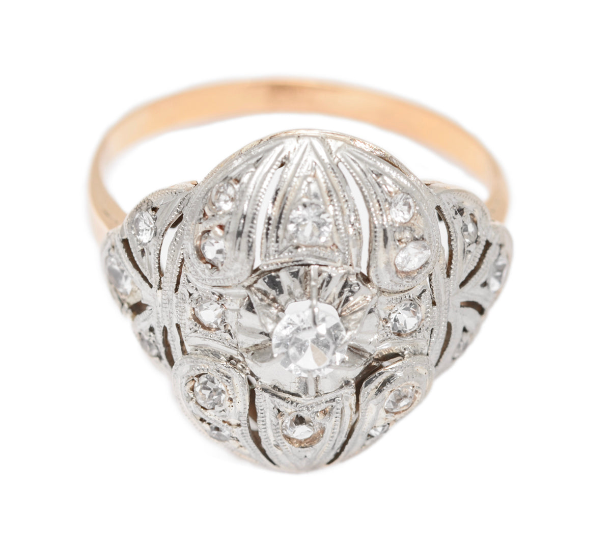 Art Deco 18ct Gold & Platinum French Cocktail Ring c.1920 Rock Crystal Gems (A1602)