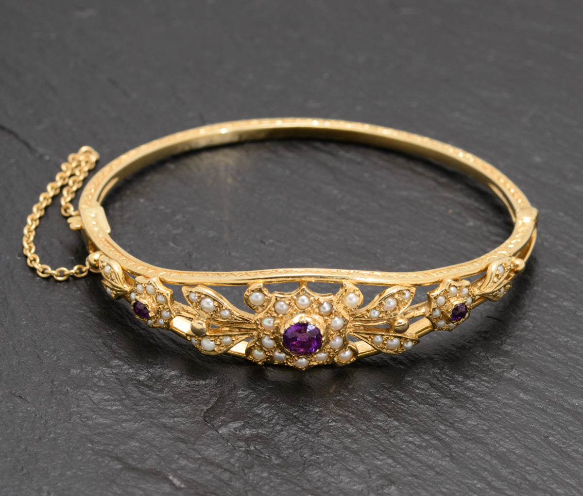 Vintage 9ct Gold Seed Pearl & Amethyst Belle Epoque Design Bangle/Bracelet  In Presentation Box(A1651)