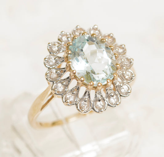 9ct Yellow Gold Ring With Large 2.37 Carat Natural Aquamarine Gemstone With Zircon Halo (A1968)