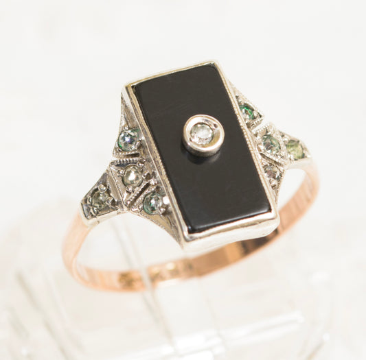 Original Art Deco Ring In 9ct Rose Gold & Silver With Onyx Panel & Paste Gems (A1972)