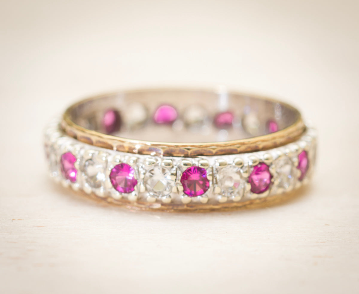 Vintage 9ct Yellow & White Gold Full Eternity Ring With Pink Sapphires - Boxed (A1988)