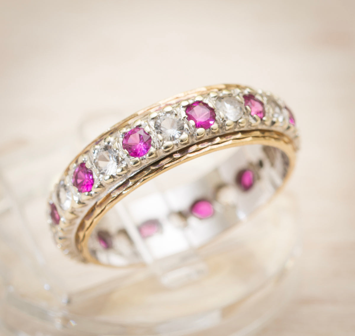 Vintage 9ct Yellow & White Gold Full Eternity Ring With Pink Sapphires - Boxed (A1988)