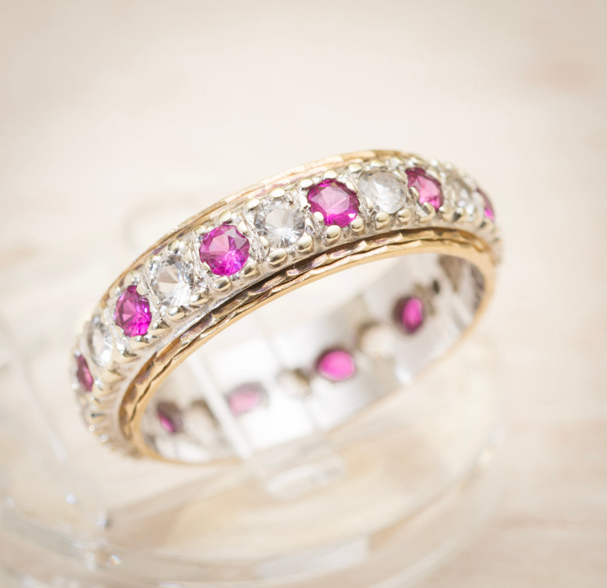 Vintage 9ct Yellow & White Gold Full Eternity Ring With Pink Sapphires - Boxed (A1988)