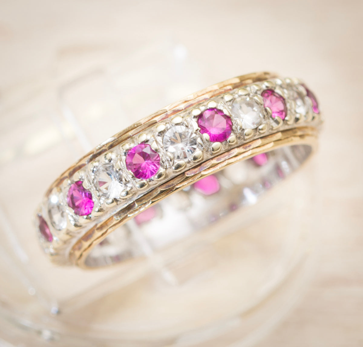 Vintage 9ct Yellow & White Gold Full Eternity Ring With Pink Sapphires - Boxed (A1988)