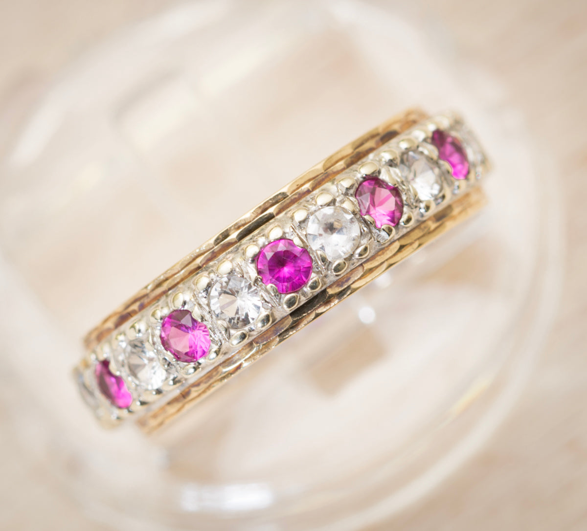 Vintage 9ct Yellow & White Gold Full Eternity Ring With Pink Sapphires - Boxed (A1988)