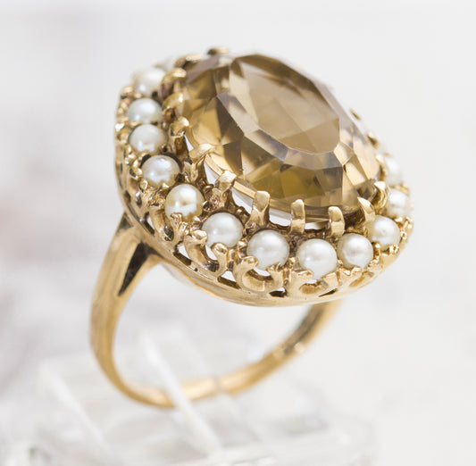 Vintage 9ct Yellow Gold 10 Carat Smoky Citrine & Cultured Pearl Dress Ring Size M (A2005)