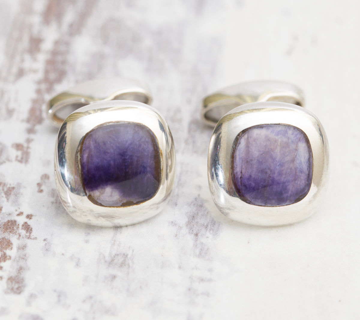 Pair Vintage Sterling Silver Cufflinks Set With Blue John & Mother of Pearl Edinburgh Hallmark (A2009)