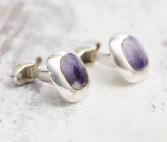 Pair Vintage Sterling Silver Cufflinks Set With Blue John & Mother of Pearl Edinburgh Hallmark (A2009)