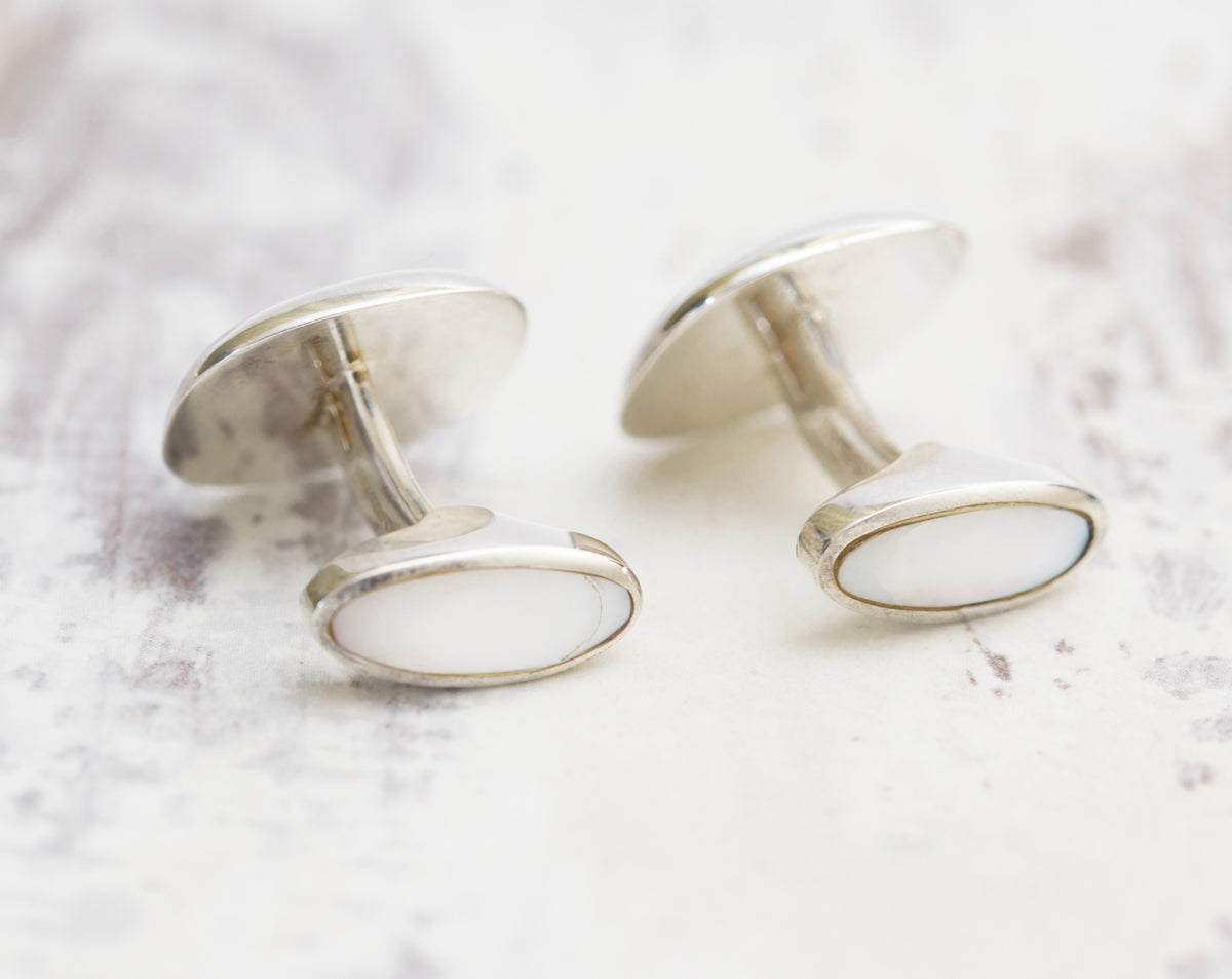 Pair Vintage Sterling Silver Cufflinks Set With Blue John & Mother of Pearl Edinburgh Hallmark (A2009)