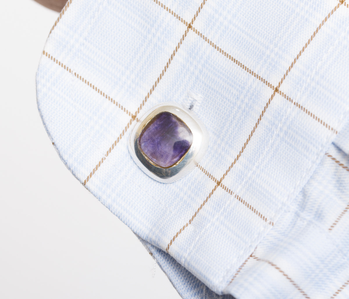 Pair Vintage Sterling Silver Cufflinks Set With Blue John & Mother of Pearl Edinburgh Hallmark (A2009)