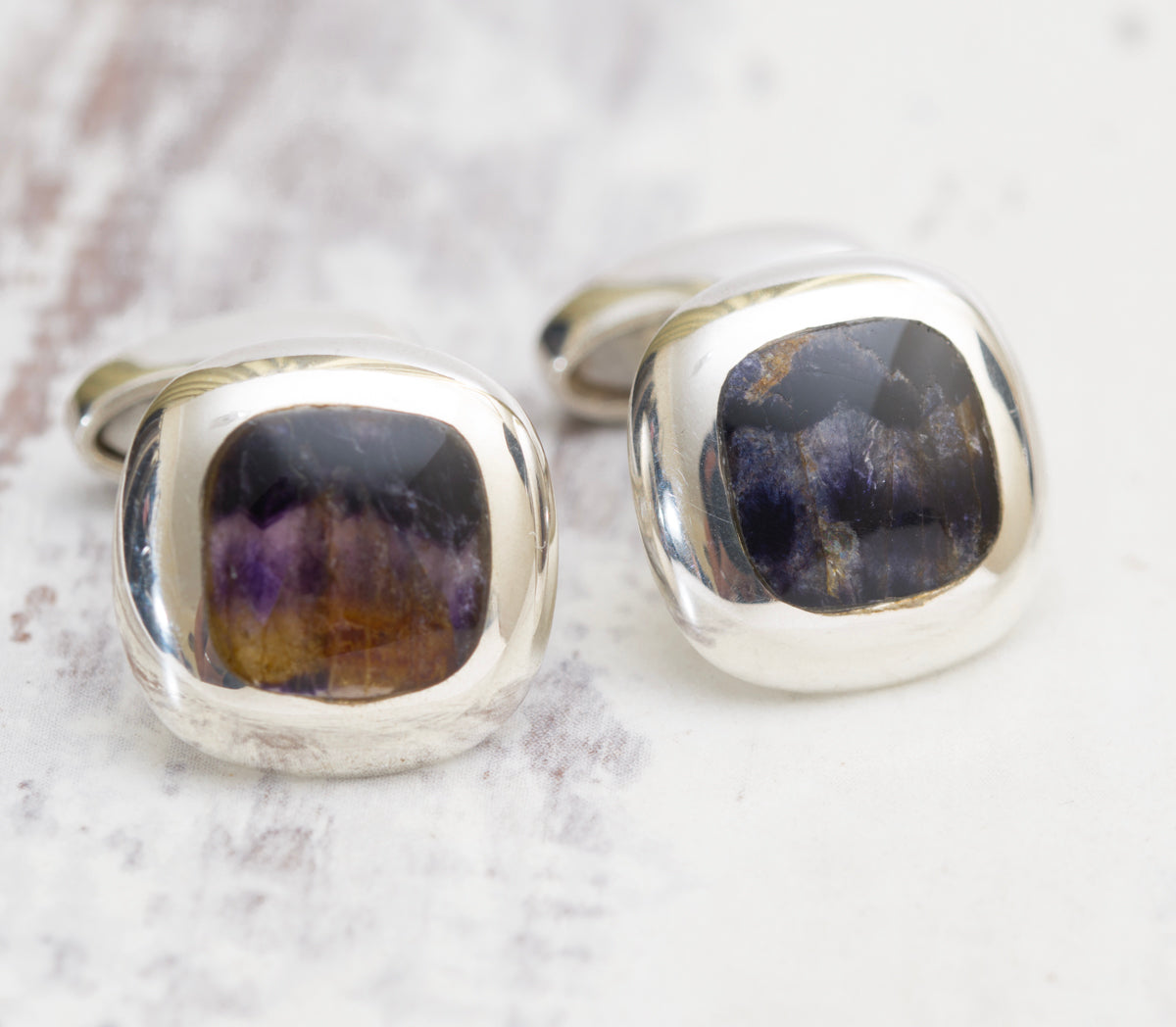 Pair Vintage Sterling Silver & Derbyshire Blue John Gents Cufflinks Hallmarked (A2010)