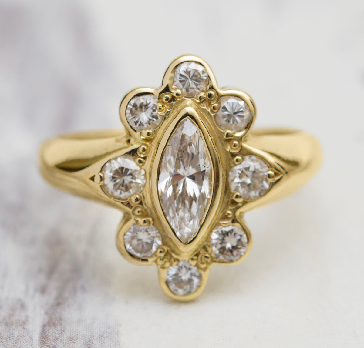 Vintage 18ct Yellow Gold Ring With Marquise Diamond & Halo 0.96 tcw (A2013)