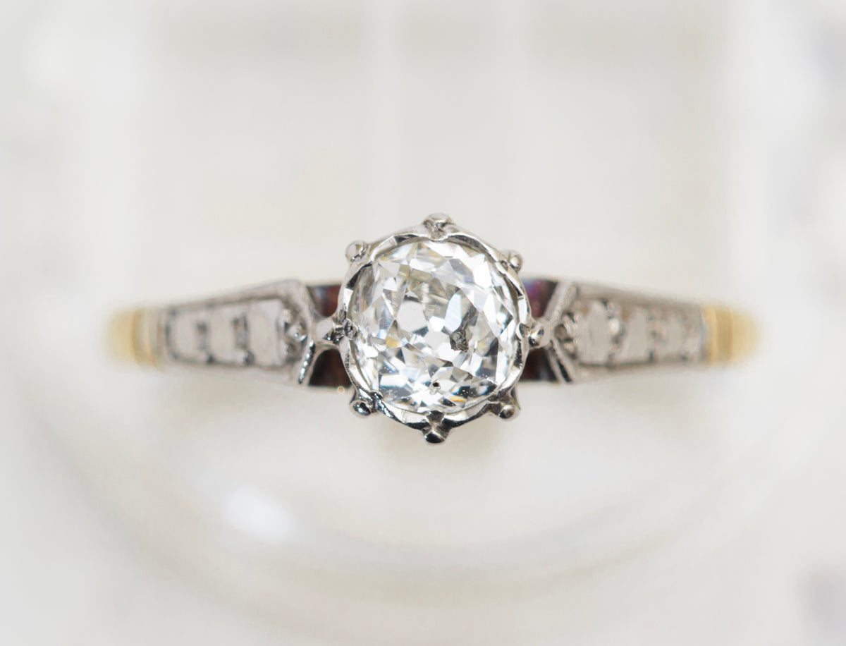 Art Deco 18ct Gold & Platinum Ring Old European Cushion Cut Diamond Solitaire (A2017)