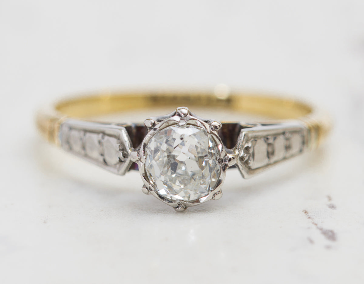 Art Deco 18ct Gold & Platinum Ring Old European Cushion Cut Diamond Solitaire (A2017)