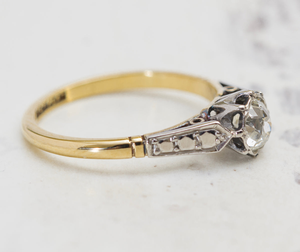 Art Deco 18ct Gold & Platinum Ring Old European Cushion Cut Diamond Solitaire (A2017)