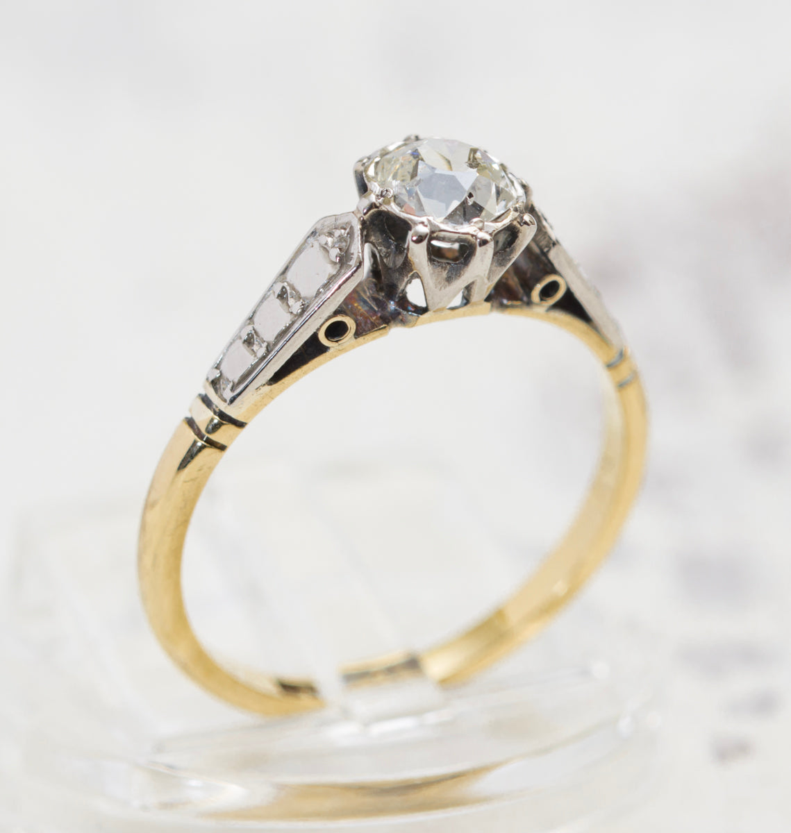 Art Deco 18ct Gold & Platinum Ring Old European Cushion Cut Diamond Solitaire (A2017)