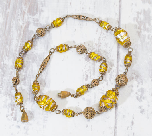 Antique Hand Made Glass Foil Bead Necklace With Filigree Metal Links (A2040)