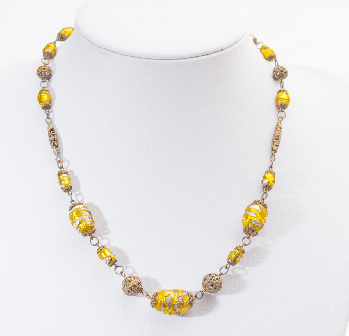 Antique Hand Made Glass Foil Bead Necklace With Filigree Metal Links (A2040)