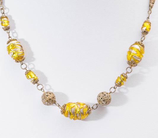 Antique Hand Made Glass Foil Bead Necklace With Filigree Metal Links (A2040)