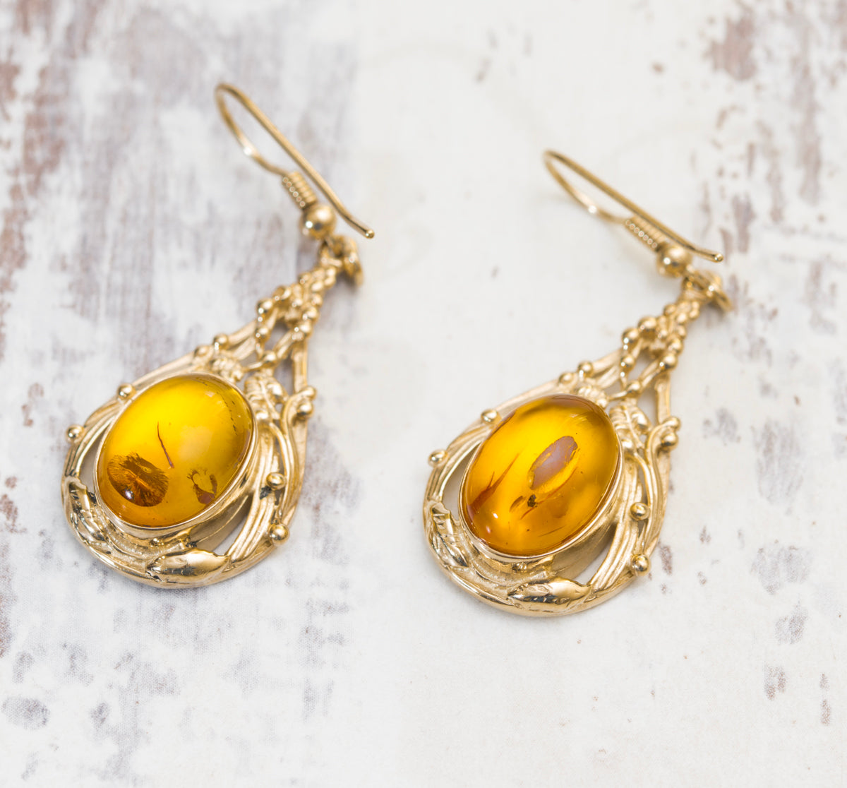 Pair 1990's Vintage 9ct Yellow Gold & Amber Cabochon Drop Earrings (A2051)