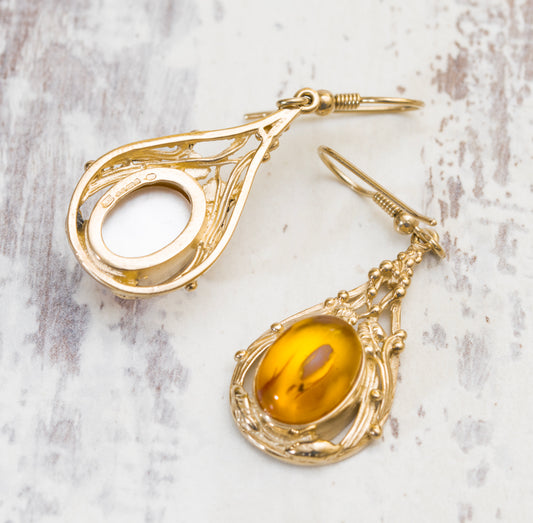 Pair 1990's Vintage 9ct Yellow Gold & Amber Cabochon Drop Earrings (A2051)