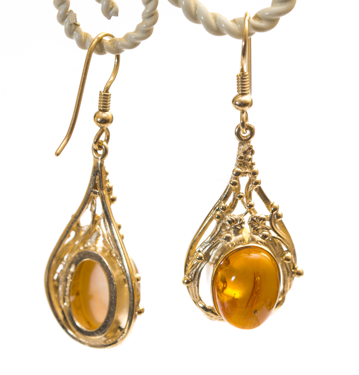 Pair 1990's Vintage 9ct Yellow Gold & Amber Cabochon Drop Earrings (A2051)