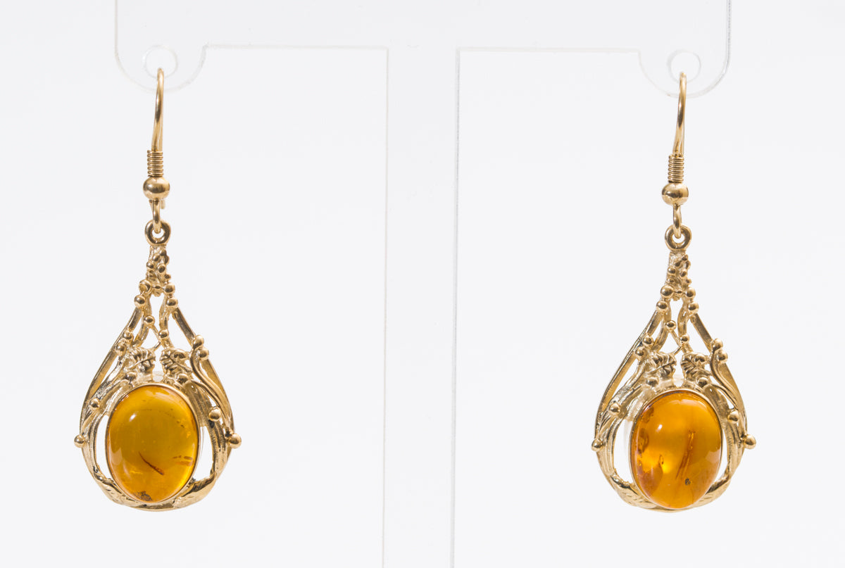 Pair 1990's Vintage 9ct Yellow Gold & Amber Cabochon Drop Earrings (A2051)