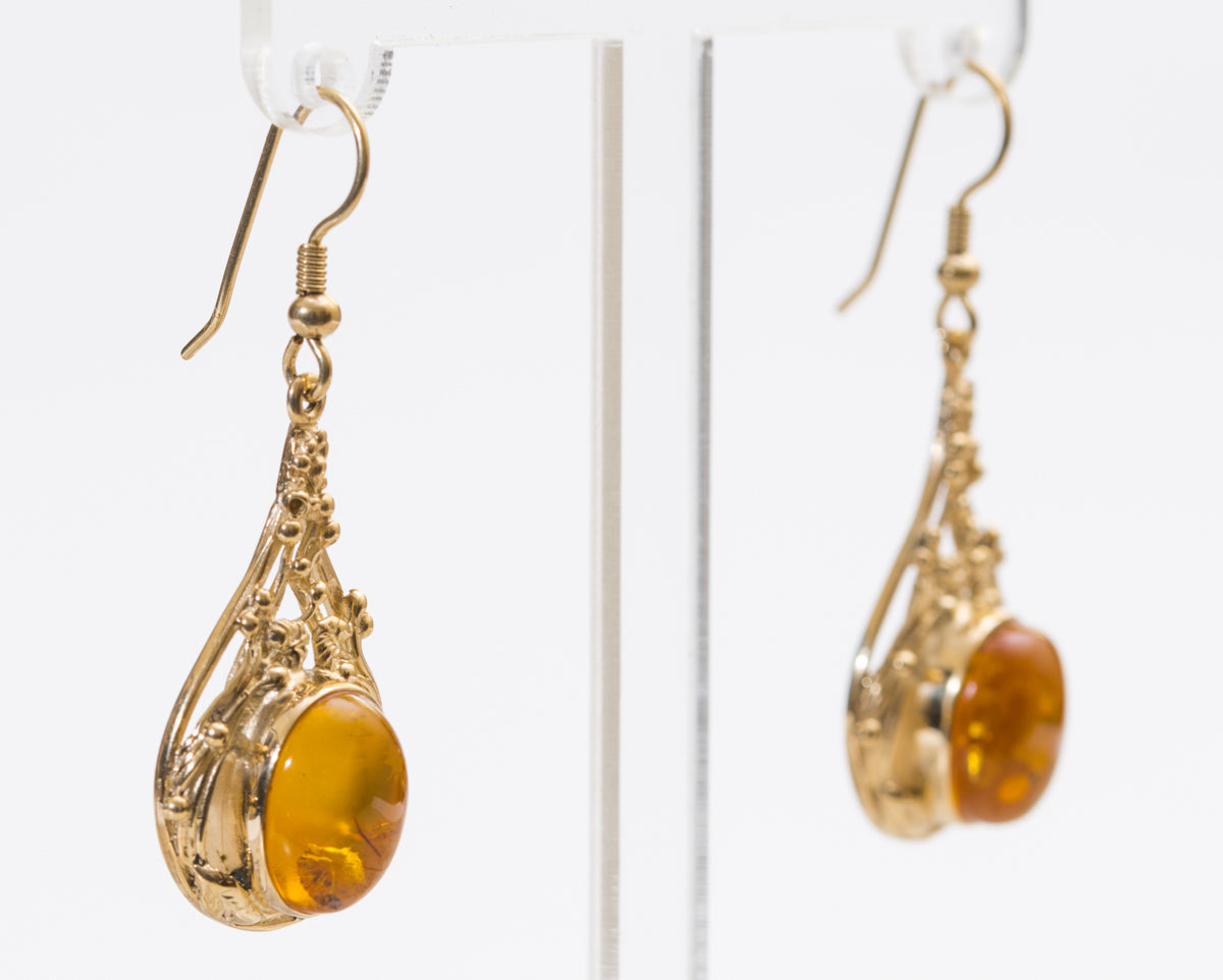 Pair 1990's Vintage 9ct Yellow Gold & Amber Cabochon Drop Earrings (A2051)