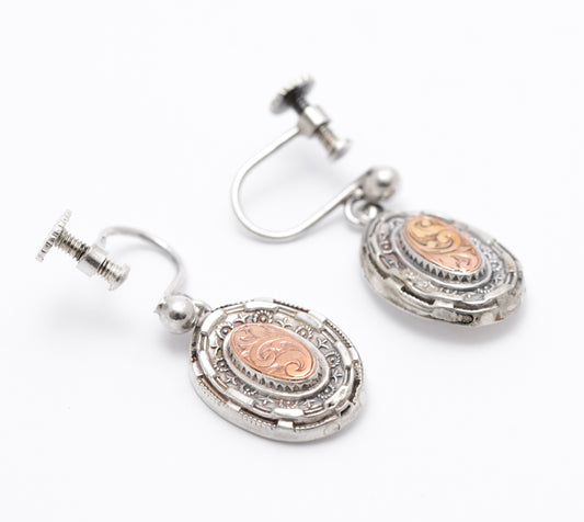 Pair Antique Victorian Silver & Rose Gold Earrings With Screw Back Fixings c1890 (A2067)