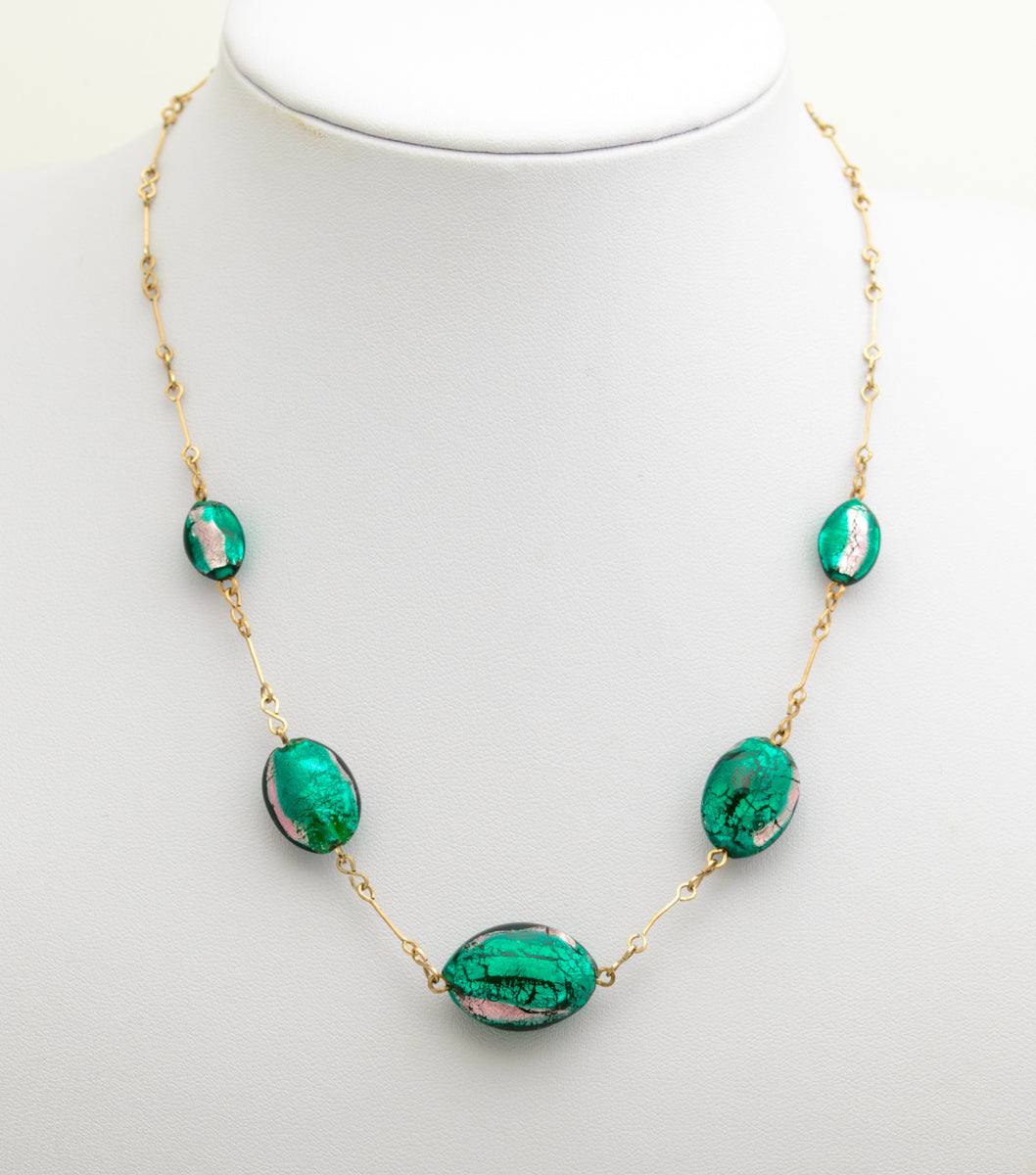 Vintage Murano Venetian Peacock Green Foiled Glass Bead Necklace (A2071)